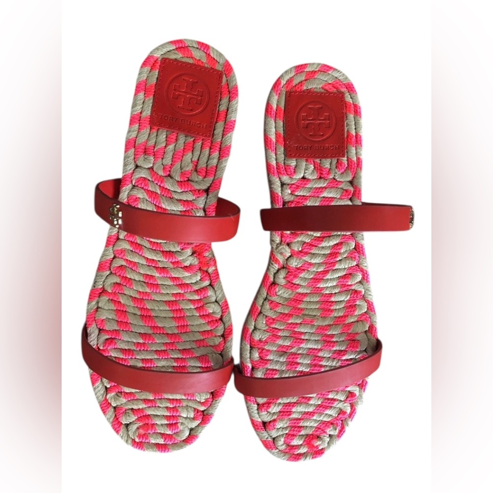 Tory Burch Two Band Flat Espadrille Slide Sandals | Hot Pink & Tan | Size 8